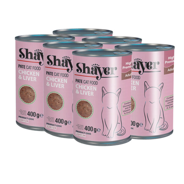 کنسرو غذای گربه شایر مدل مرغ و جگر کد sh312 وزن 400 گرم بسته 6 عددی