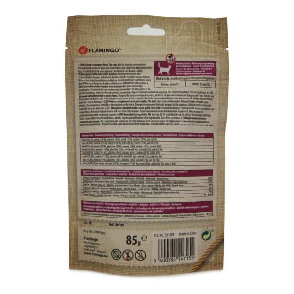تشویقی گربه فلامینگو مدل گوشت اردک و ماهی استریپس وزن 85 گرم